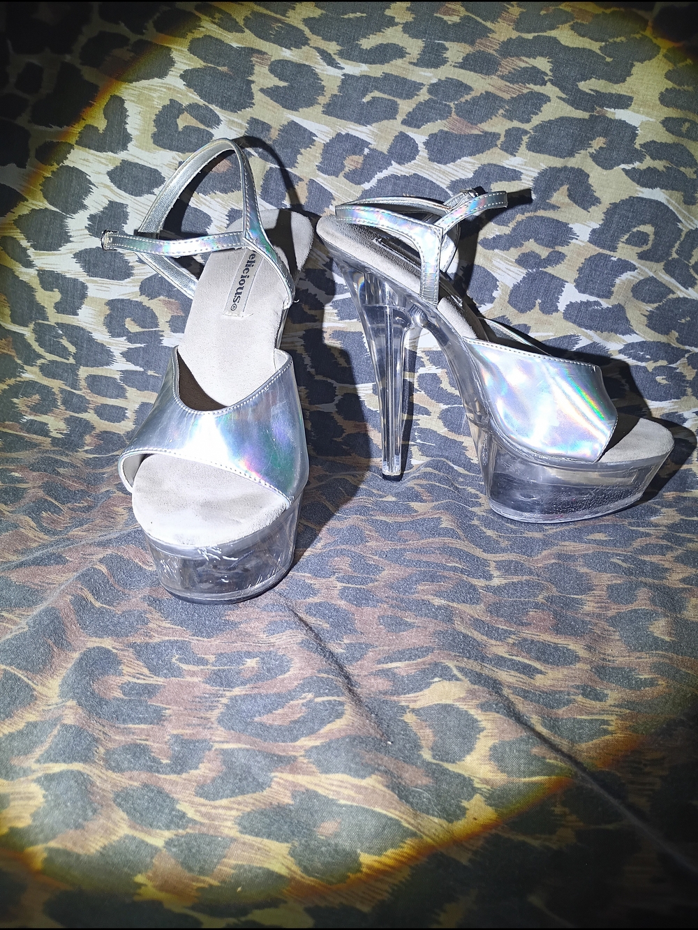 Delicious Metallic Silver Holographic Clear Platform Lucite Stiletto Heels